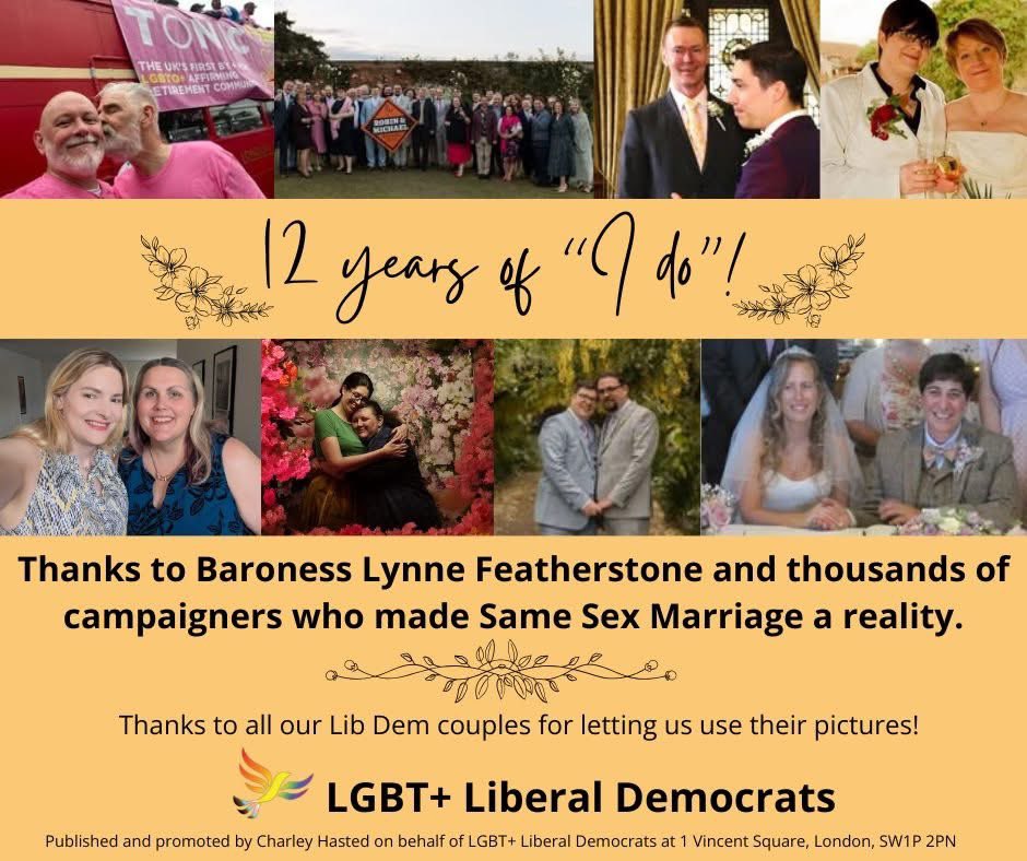Today we celebrate 12 years since the <a href="/LibDems/">Liberal Democrats</a> passed the Same Sex Marriage Act, with some lovely photos of our married and engaged Plus members.

Including our Chair, <a href="/CharleyHasted/">Charley Hasted (they/them)</a>, who’s getting married in October, and our HVP, <a href="/Juvelad/">A.Hyyrylainen-Trett (They/Them)</a>, who celebrates their 10th anniversary.