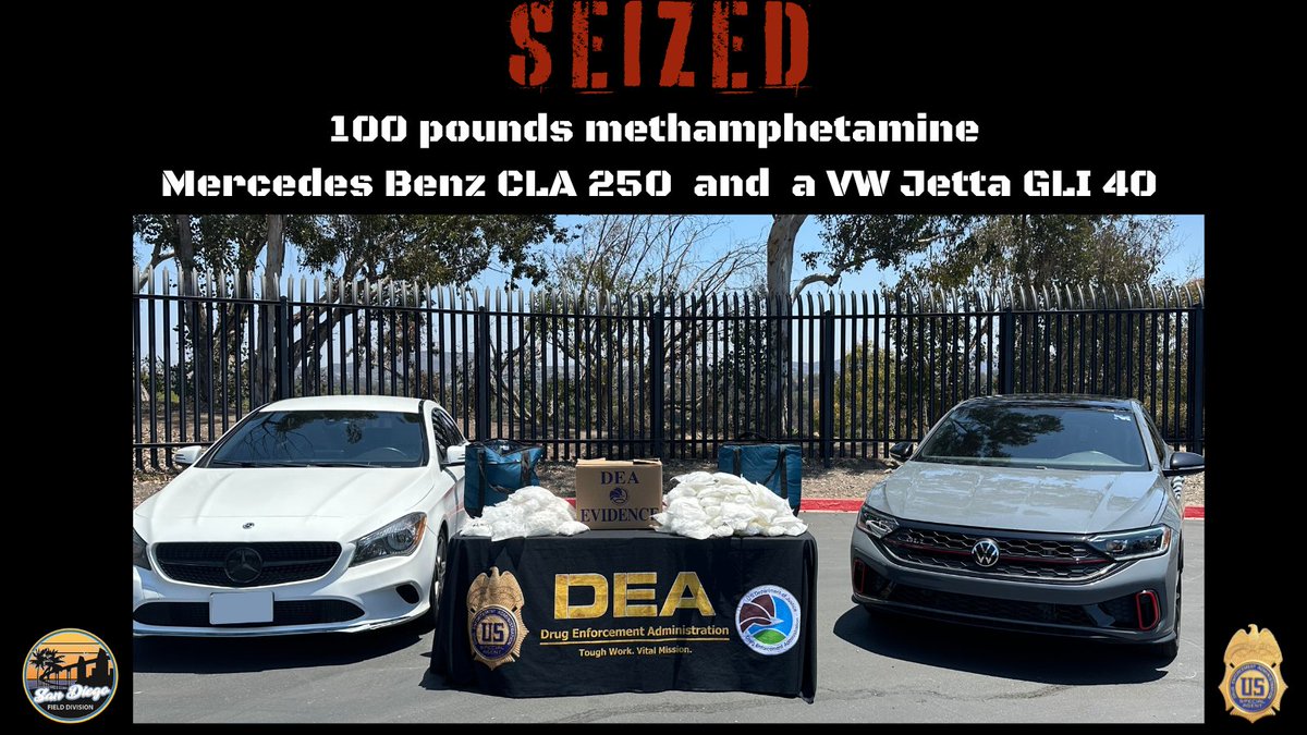 DEASanDiego (@deasandiegodiv) on Twitter photo #DEASanDiego seizes more meth. Nearly 100 pounds of #meth and two vehicles were seized earlier this week as part of an enforcement action. #DEA and our partners work around the clock to keep our communities safe. <a href="/SanDiegoPD/">San Diego Police Department</a> <a href="/SDSheriff/">San Diego Sheriff</a> <a href="/IRS_CI/">IRS Criminal Investigation</a> <a href="/ChulaVistaPD/">Chula Vista Police Department</a> <a href="/RealNCIS/">NCIS</a> #seizures #DEASanDiego seizes more meth. Nearly 100 pounds of #meth and two vehicles were seized earlier this week as part of an enforcement action. #DEA and our partners work around the clock to keep our communities safe. <a href="/SanDiegoPD/">San Diego Police Department</a> <a href="/SDSheriff/">San Diego Sheriff</a> <a href="/IRS_CI/">IRS Criminal Investigation</a> <a href="/ChulaVistaPD/">Chula Vista Police Department</a> <a href="/RealNCIS/">NCIS</a> #seizures