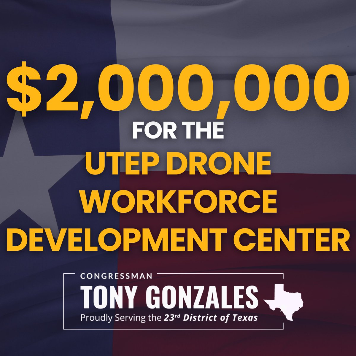 RepTonyGonzales's tweet image. 🚨RESULTS: House Appropriations ADVANCED my $2 million funding request for a new UAS Drone Workforce Development Center at UTEP.
This center will expand drone and counter-UAS training, boosting innovation, national security, and job growth in El Paso County.
I’ll keep working…