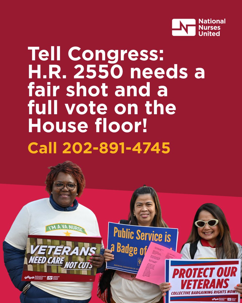NationalNurses's tweet image. A bill to restore collective bargaining rights for 15K VA nurses has bipartisan support, but Speaker Johnson is trying to prevent it from moving to a vote.
Call your representative and urge them to use the discharge petition to ensure this bill gets a vote: 202-891-4745.