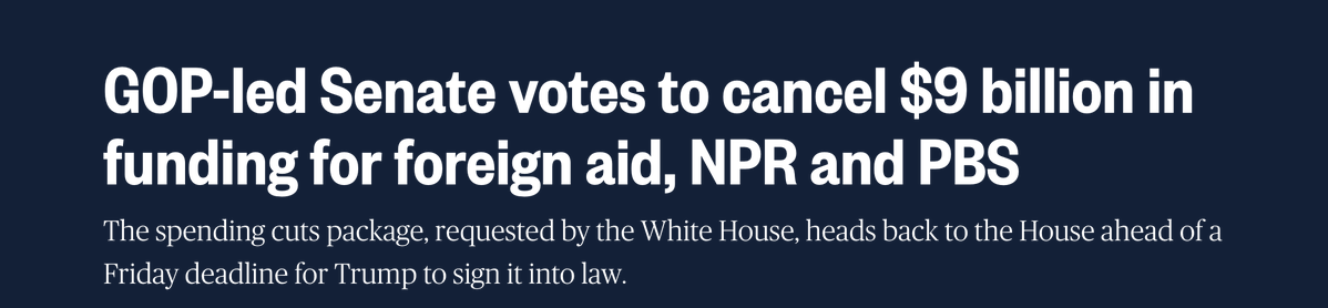 Public_Citizen's tweet image. The rescissions package:
- Cuts global funding for vaccines, food, and emergency care.
- Leaves entire counties without access to emergency information.
- Limits local broadcasting of boil-water notices, school closures, & other alerts.
But yeah, we're "making America great."
