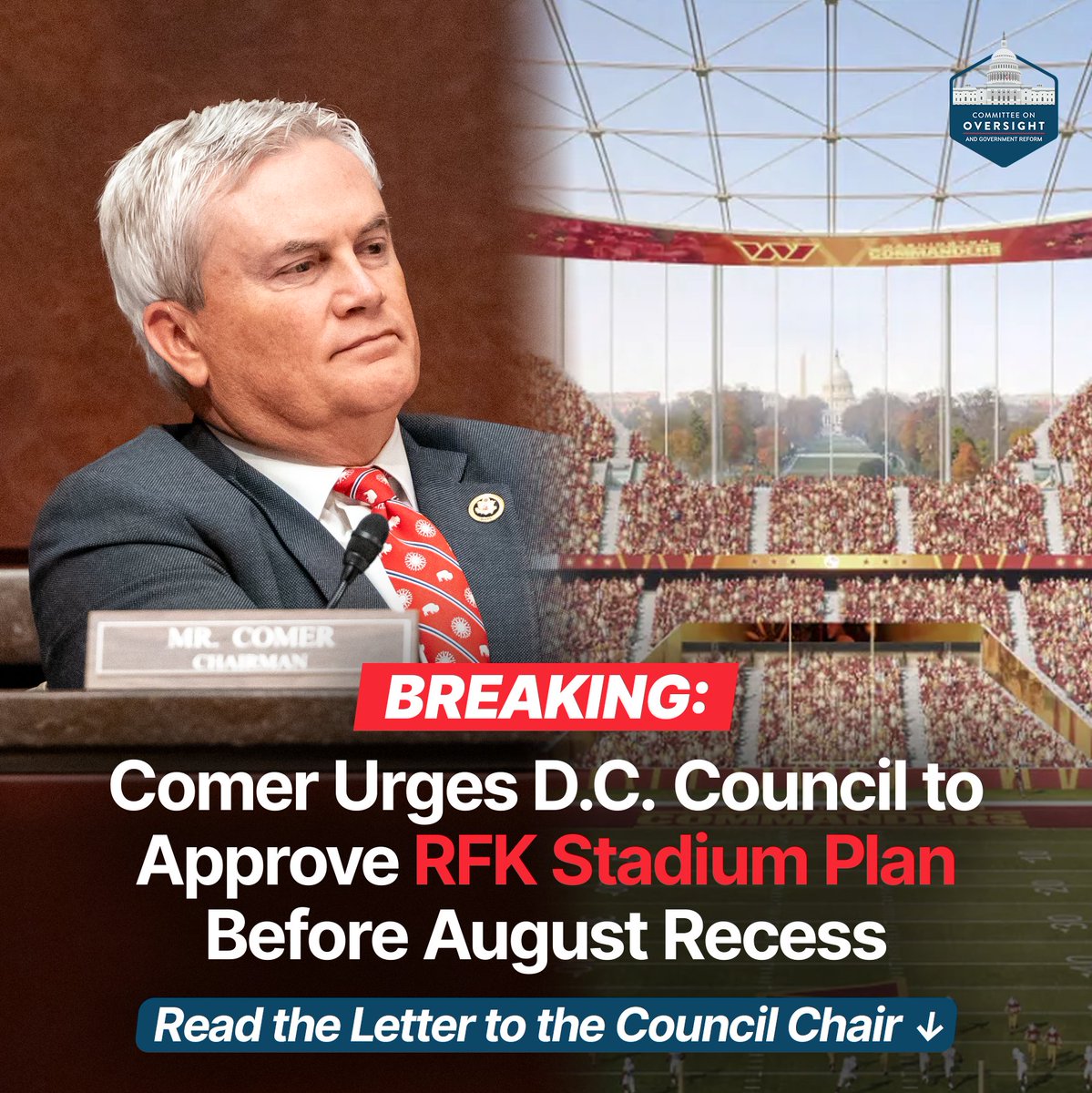 Chairman <a href="/RepJamesComer/">Rep. James Comer</a> is calling on the DC Council to approve the revitalization plan for the RFK Stadium in Washington.

No more stalling, it's time to Make DC Beautiful Again! 🇺🇸
