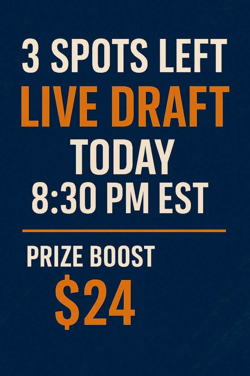 DataForceFF's tweet image. Only 3 spots left in tonight’s 8:30 PM (EST) live draft!
Join Now: dataforceff.com/fantasy-footba…
We’ve prize boosted this league by $24—score the most points and take home bonus cash