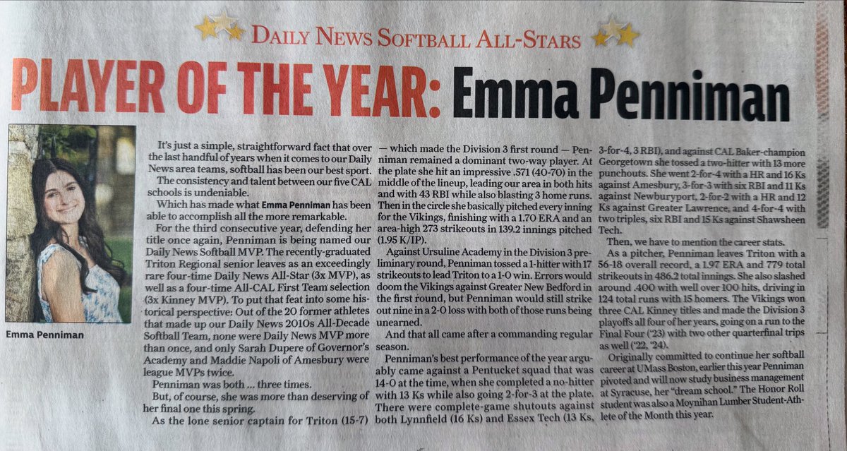 A huge congrats to Emma Penniman who was named the Softball Player of the Year by the Daily News of Newburyport. Honorable Mention to Jillian Giusto, Maddie January, Ava Johnson, and Maggie Rennick.