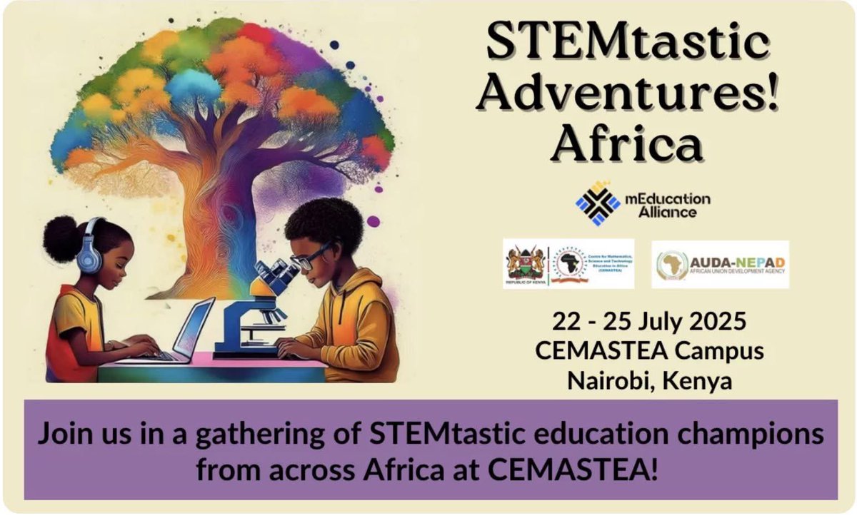 RileyOrton2's tweet image. Proud to be presenting at #STEMtasticAdventuresAfrica this July in Nairobi!
Grateful to @mEdAlliance, @CEMASTEA_Kenya &amp;amp; @auda_nepad for convening such a powerful platform.
🔗 Learn more: meducationalliance.org/2025-stemtasti…
 #STEMeducation #YouthSkills