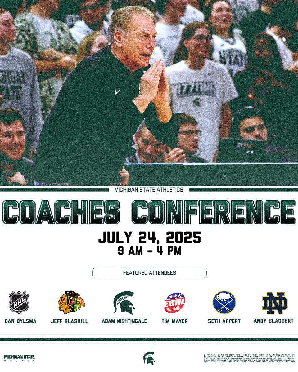 MSU_Hockey's tweet image. Tom Izzo has joined the guest speaker lineup at our FREE coaches conference on Thursday, July 24!
Izzo joins Adam Nightingale, Jeff Blashill, Dan Bylsma, Tim Mayer, Seth Appert and Andy Slaggert in what's shaping up to be a great day in East Lansing!
Coaches will receive USA…