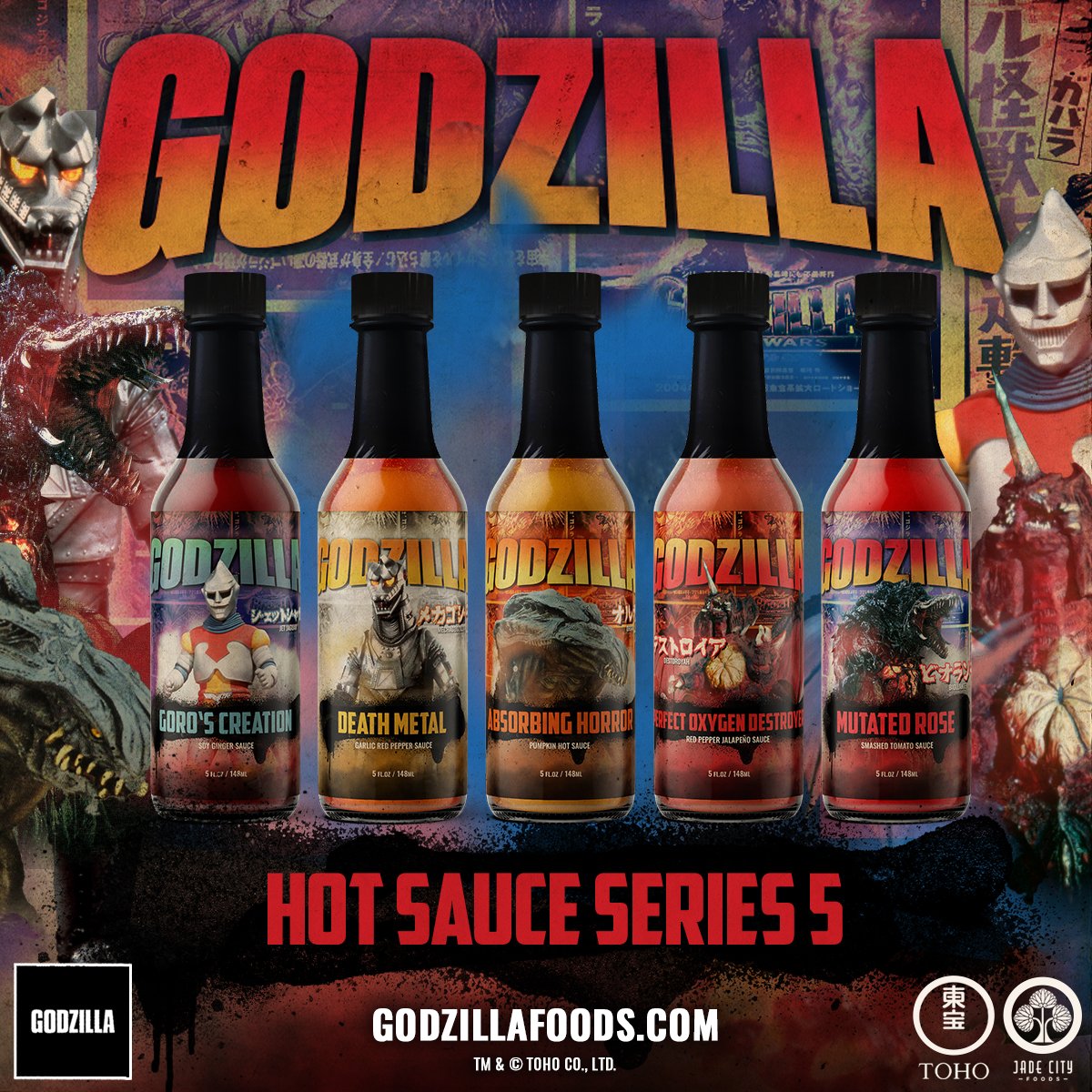 jadecityfoods's tweet image. Check out the epic Godzilla Hot Sauce Series 5! Featuring flavors like Gord's Creation, Death Metal, and Mutated Rose. Spice up your life with these monstrous sauces! 🔥🐉 Available at godzillafoods.com. @Godzilla_Toho @godzilla_jp #Godzilla #HotSauce #Series5