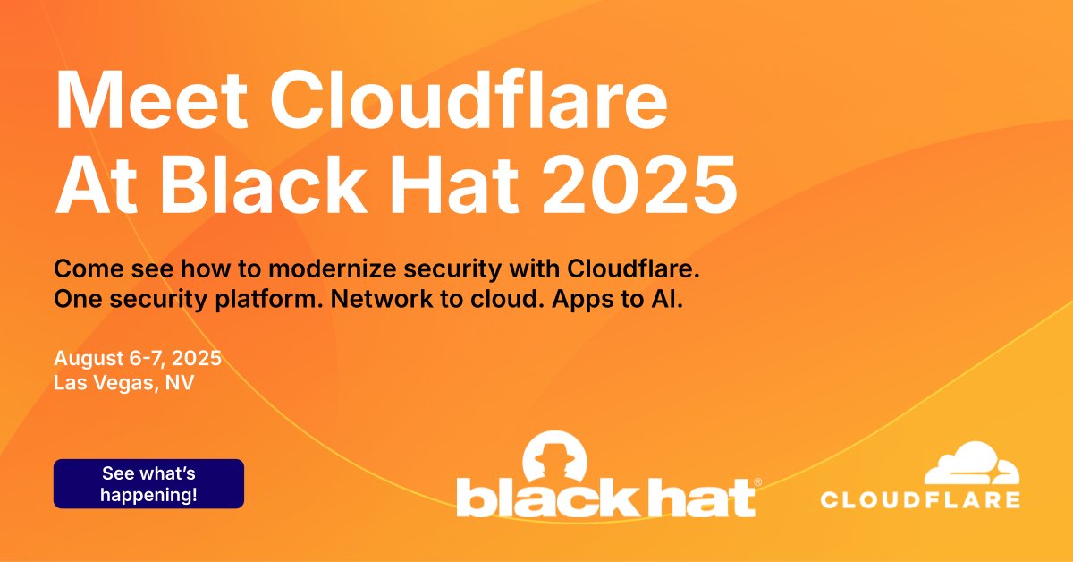 Cloudflare's tweet image. 🎯 Headed to Black Hat USA? Come meet Cloudflare at Booth 2257!
We're showcasing how to modernize your security — from network to cloud, apps to AI — all on one unified platform.
🔍 Get hands-on with in-depth demos
🎤 Join our live theater sessions
🚀 Discover how to simplify…