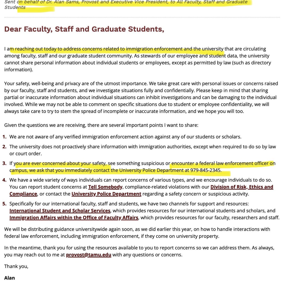 🚨Why the hell is @tamu encouraging students to report ICE agents to the police... and treating "gender identity" as if Biden's Title IX rule was still in effect!?!

Texas A&amp;M has been led by progressive leftists for too long, and my office will be demanding answers.
