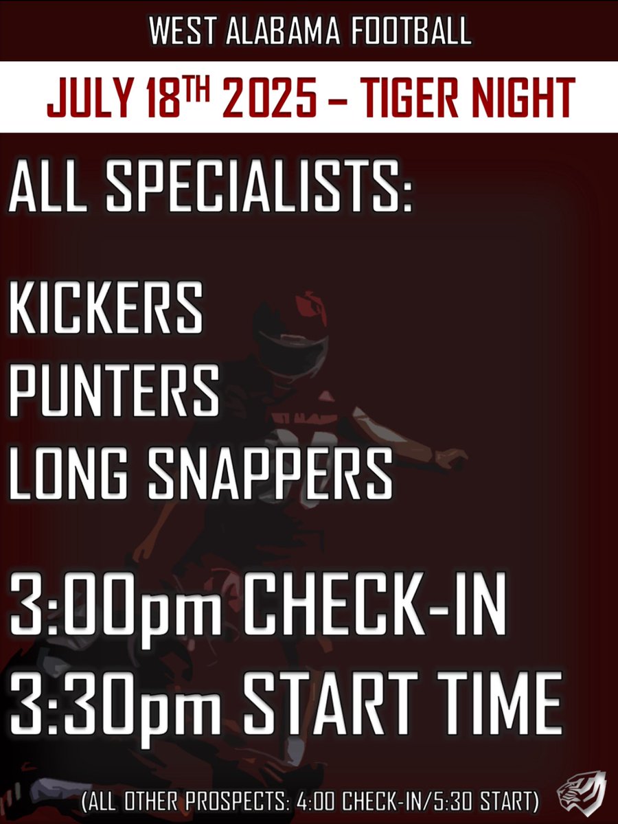‼️TIGER NIGHT ROUND 2 TOMORROW‼️

ALL SPECIALISTS:

KICKERS 
PUNTERS
LONG SNAPPERS

‼️3:00 CHECK-IN‼️
‼️3:30 START TIME‼️