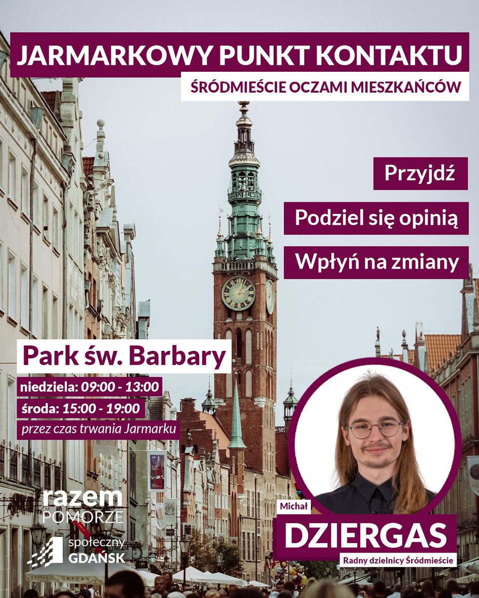 razempomorze's tweet image. Społeczny Gdańsk razem z Michałem Dziergasem uruchamia Jarmarkowy Punkt Kontaktu dla mieszkańców Śródmieścia. Chcemy umożliwić mieszkańcom konsultacje, porady, wsparcie w tworzeniu zgłoszeń do władz miasta czy organizatorów. Więcej informacji na naszym Facebooku.