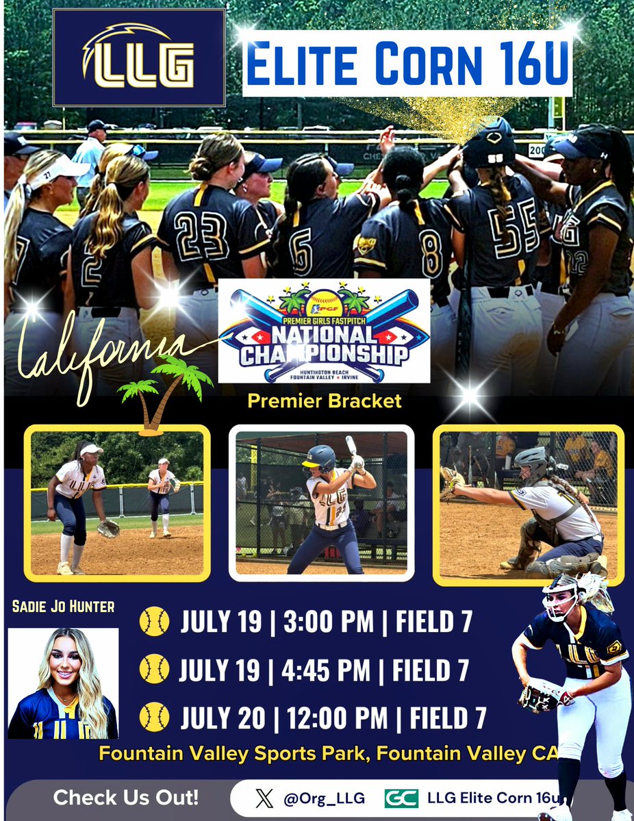 Sadie Jo Hunter 2027▪️RHP (@sadiejohunter27) on Twitter photo Last 🛑 on the LLG Elite Summer Tour….𝑷𝑮𝑭 N𝒂𝒕𝒊𝒐𝒏𝒂𝒍𝒔 𝒊𝒏 𝑪𝒂𝒍𝒊! 🌴🌞
We will be facing the best of the best in the Premier Division. Come check us out! 👀 👇<a href="/LLGCOACH/">LLG</a> <a href="/CoachRPauly/">Rick Pauly</a> <a href="/sophwools/">Sophie Wools</a> <a href="/em_sapp/">emily sappington</a> <a href="/Org_LLG/">Lady Lightning Gold Org Account</a> <a href="/NBBHsoftball/">NBHS Black Hawks Softball</a> Last 🛑 on the LLG Elite Summer Tour….𝑷𝑮𝑭 N𝒂𝒕𝒊𝒐𝒏𝒂𝒍𝒔 𝒊𝒏 𝑪𝒂𝒍𝒊! 🌴🌞
We will be facing the best of the best in the Premier Division. Come check us out! 👀 👇<a href="/LLGCOACH/">LLG</a> <a href="/CoachRPauly/">Rick Pauly</a> <a href="/sophwools/">Sophie Wools</a> <a href="/em_sapp/">emily sappington</a> <a href="/Org_LLG/">Lady Lightning Gold Org Account</a> <a href="/NBBHsoftball/">NBHS Black Hawks Softball</a>