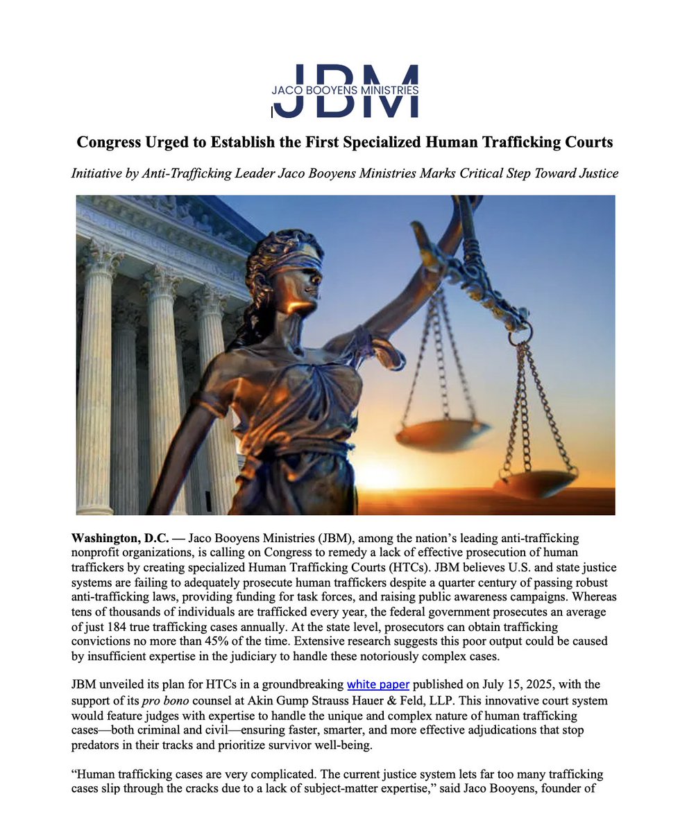 BooyensJaco's tweet image. Tens of thousands trafficked. Only 184 federal cases are prosecuted a year. Survivors deserve more than broken systems.
JBM is calling on Congress to create Specialized Human Trafficking Courts—because justice requires expertise.
🔗 HelpJBM.org
#HTCourt