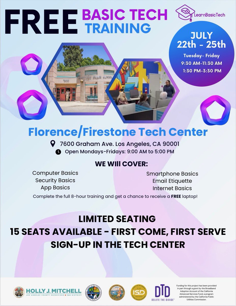 deletethedivide's tweet image. 🥁 Please join @learnbasictech at the Florence/Firestone Tech Center for free basic tech training 7/22-7/25! 💻
This is an opportunity you won’t want to miss. Get all of your tech questions answered! 🤩🙌🏾 First come, first serve. #dtd #lbt #learnbasictech #deletethedivide