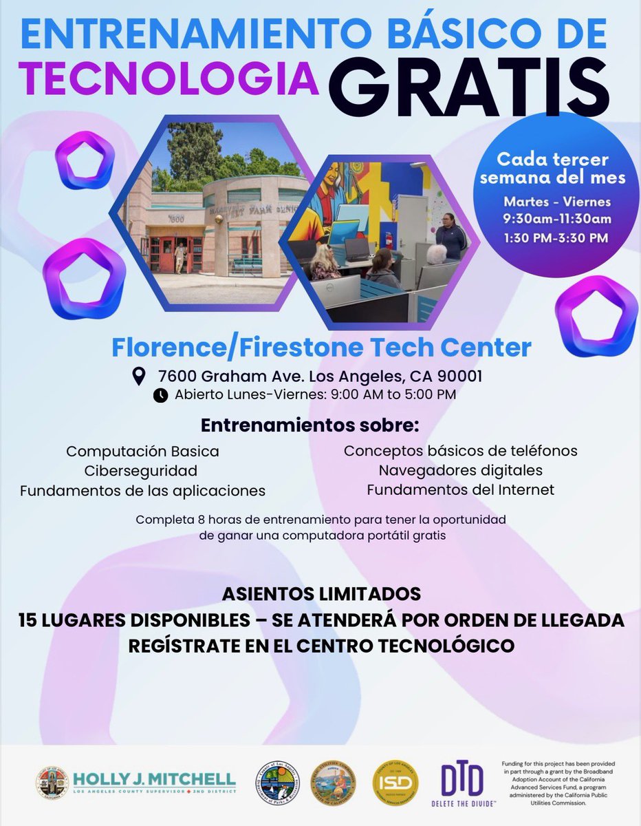 deletethedivide's tweet image. 🥁 Please join @learnbasictech at the Florence/Firestone Tech Center for free basic tech training 7/22-7/25! 💻
This is an opportunity you won’t want to miss. Get all of your tech questions answered! 🤩🙌🏾 First come, first serve. #dtd #lbt #learnbasictech #deletethedivide