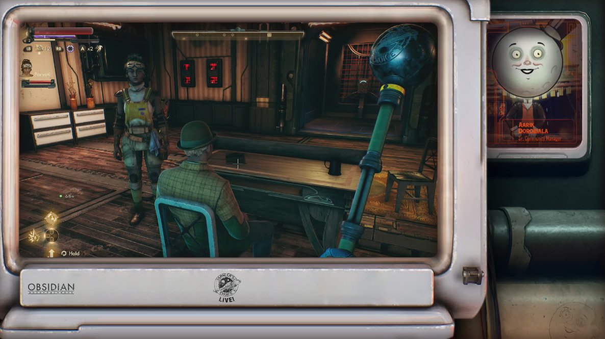 sharemess's tweet image. obsidian made a vtuber for the outer worlds moon man, it have its on animation style so it looks like its counterpart in the game, this is so cute!