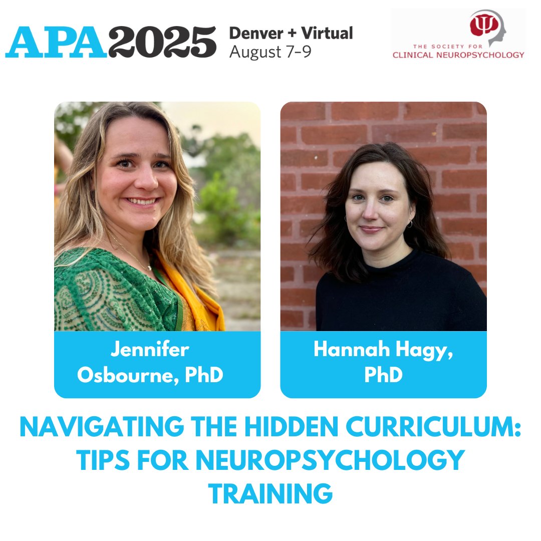 APADivision40's tweet image. So much of training isn’t in the textbooks 📚
Join Drs. @hanah_hagy and Osborne at #APA2025 for "Navigating the Hidden Curriculum: Tips for Neuropsychology Training"
Real talk on what every trainee should know!