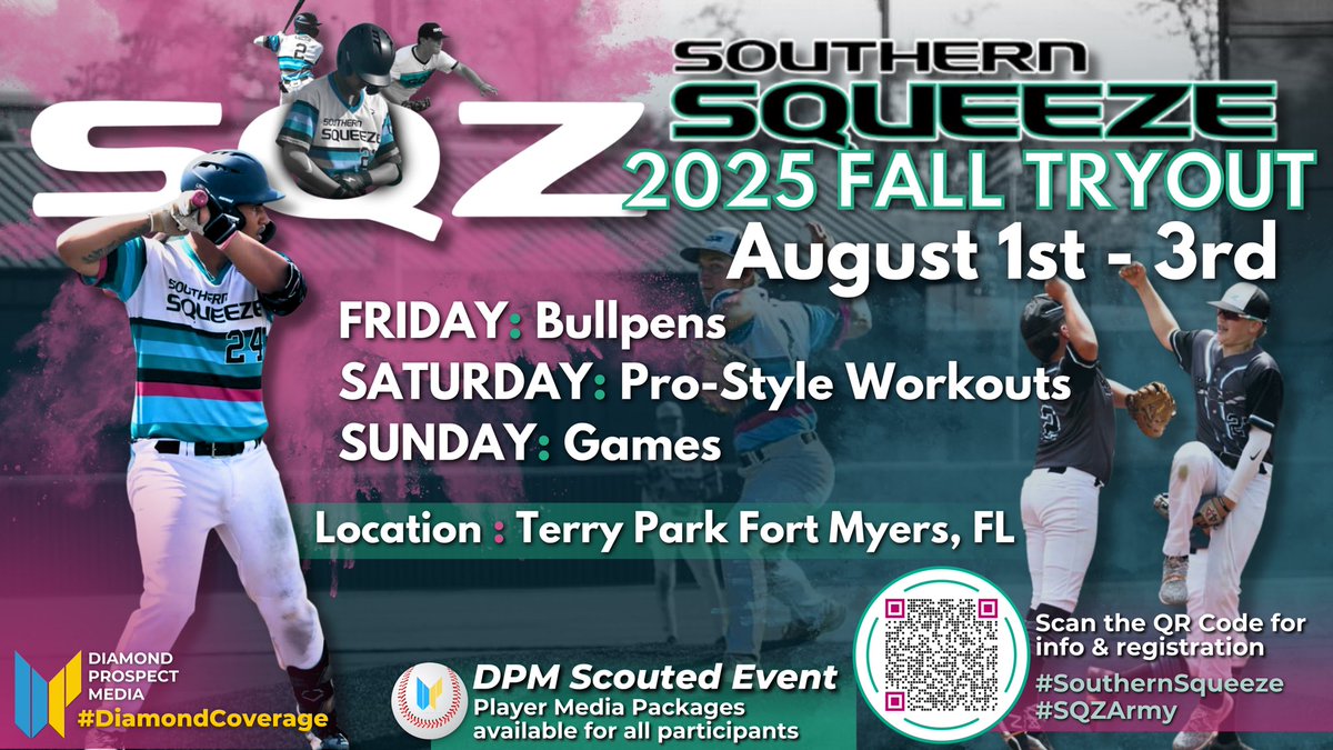 DiamondProMedia's tweet image. Excited to announce we’ll be in attendance for the @SQZBaseball 2025 Fall Tryout set to take place from Aug. 1st-3rd at Terry Park. Along w/ full coverage and post-event content, player media packages will be available for all participants. More details to come. #DiamondCoverage
