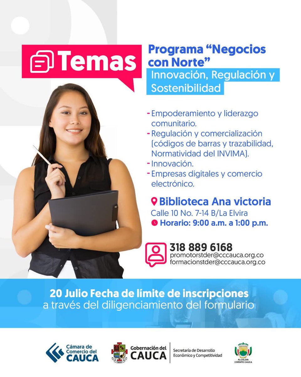 Empresarios de #Corinto, los invitamos a participar de nuestro programa "Negocios con Norte". 

🗓️ 22 y 29 de Julio y 05 y 12 de Agosto
👉🏻 Inscríbete aquí: bit.ly/4lFBAZS
📲 O en el WhatsApp 318 889 6168

#CaucaUnido