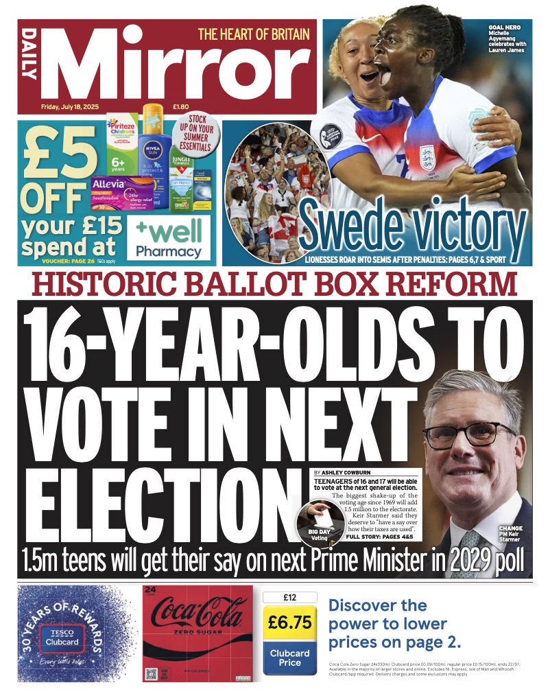 Lou_obrien19's tweet image. Friday's MIRROR: 16-year-olds to vote in next election #TomorrowsPapersToday