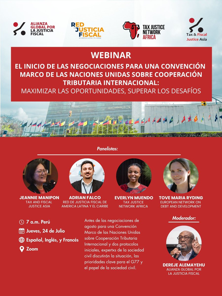 justiciafiscal's tweet image. 📢¡Únete al diálogo!
🇺🇳Webinar: "El inicio de las negociaciones para una #ConvenciónFiscalONU: Maximizar las oportunidades, superar los desafíos".
📅 Jueves, 24 de julio
🕥7 a.m. Perú (PET)
📍Regístrate aquí: bit.ly/44IZhcM