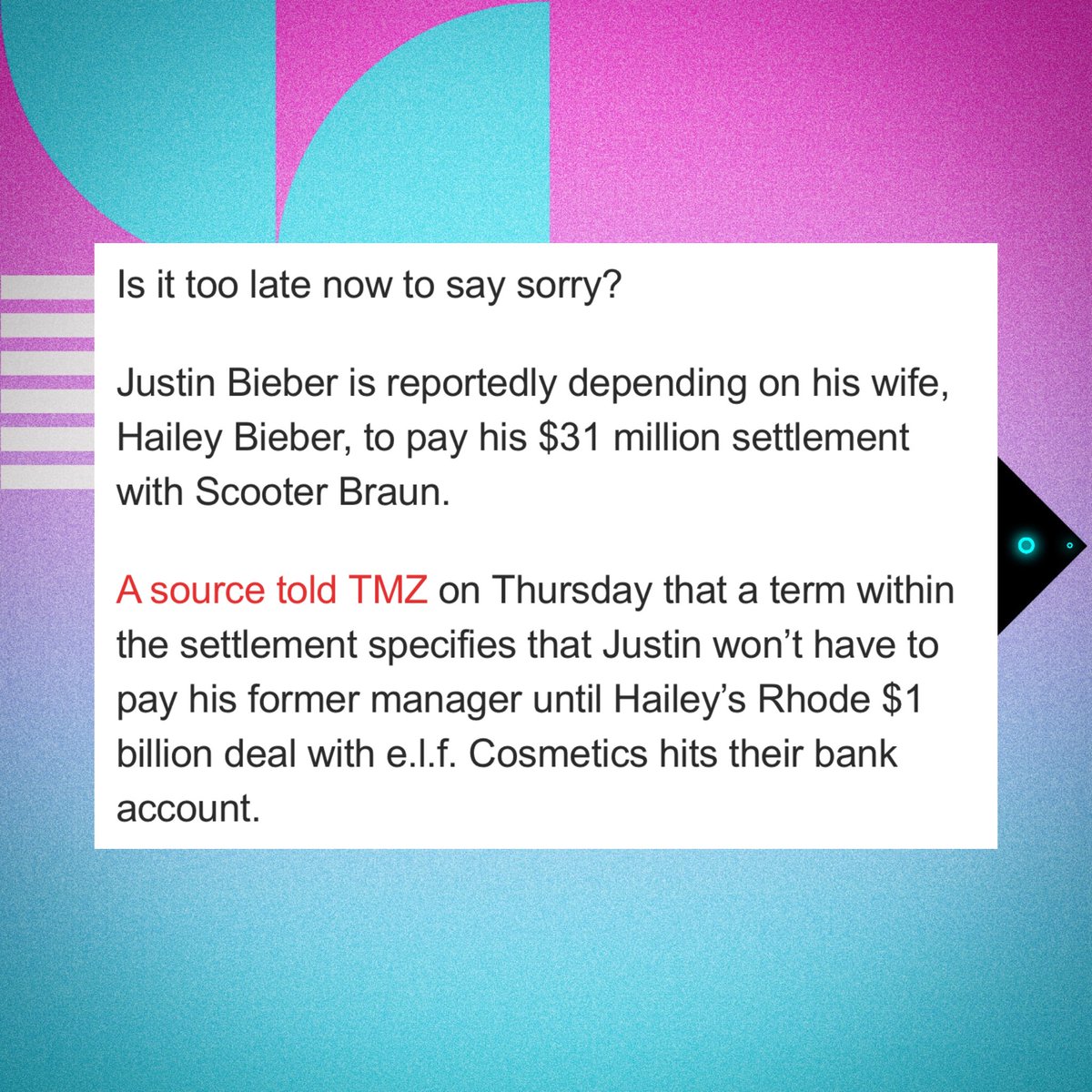 PopFactions's tweet image. Justin Bieber will not be paying his $31 MILLION debt to Scooter Braun yet.
TMZ says he is waiting for the funds from the sale of his wife Hailey Bieber’s Rhode Beauty to hit their account, other reports claim Bieber had invested $50 MILLION into Hailey’s brand. (TMZ/Page Six)