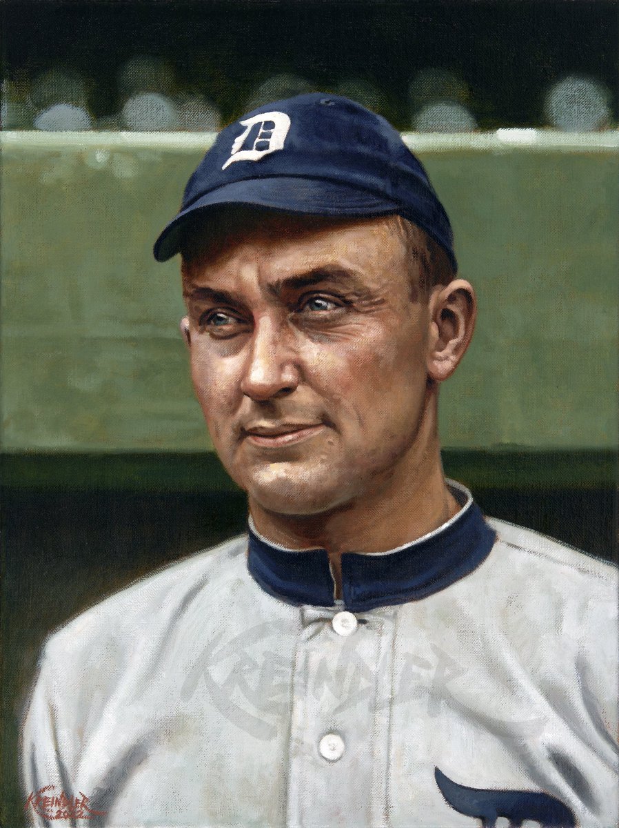 GraigKreindler's tweet image. #OTD in 1961, Tyrus Raymond Cobb passed away at the age of 74. One of the fiercest competitors to ever play the game, to this day his legacy remains a complicated one. Here’s my painting of him with the Tigers in 1915, based on the photography of Charles Conlon.