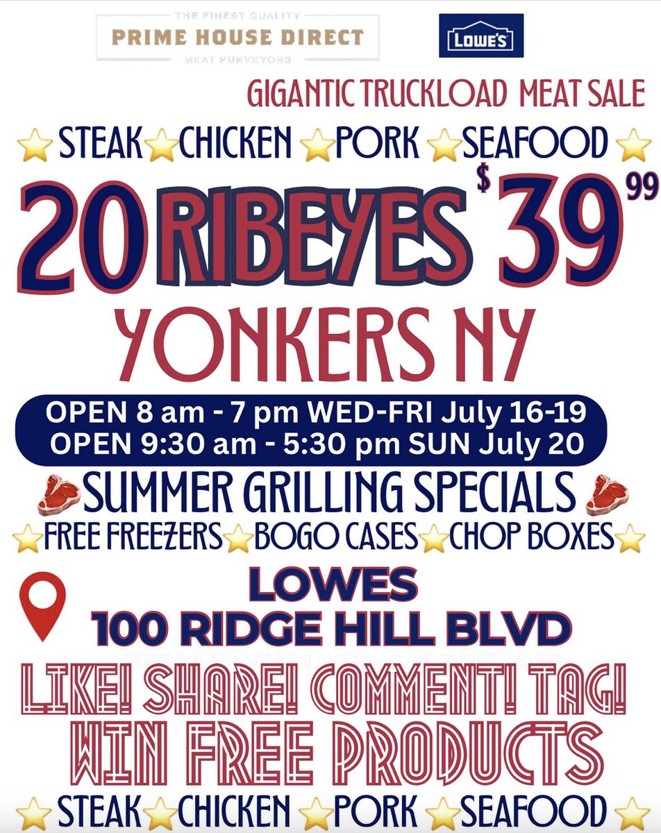 The_PrimeHouse's tweet photo. Hey Yonkers, NY! Come see us at Lowe's at 100 Ridge Hill BLVD to get 20 ribeyes for $39.99 and fill your freezer with our Chop Box deals on steak you won't find at grocery stores! July 18-20th | We start at 8 a.m. Friday; 9:30 a.m. S/Sun
https://t.co/1Mtj2PT7B4 https://t.co/qs2T03vnjT
