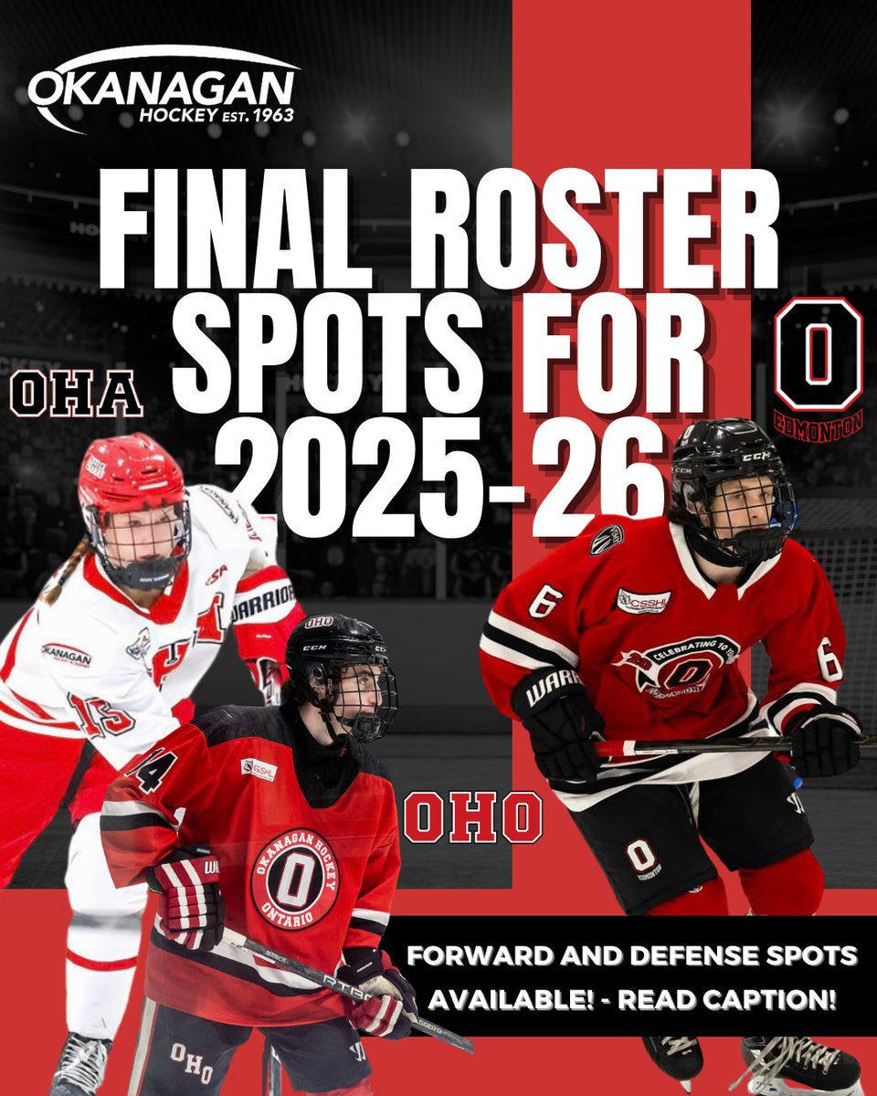 🚨 Final Roster Spots Available! 🚨
Okanagan Hockey is entering the final phase of roster selection for the 2025–2026 season across our Canadian academies!

📍Whitby, ON: okanaganhockeyontario.com/final-roster-s…

📍Penticton, BC: ohapenticton.com/final-roster-s…

📍Edmonton, AB: ohaedmonton.com/final-roster-s…