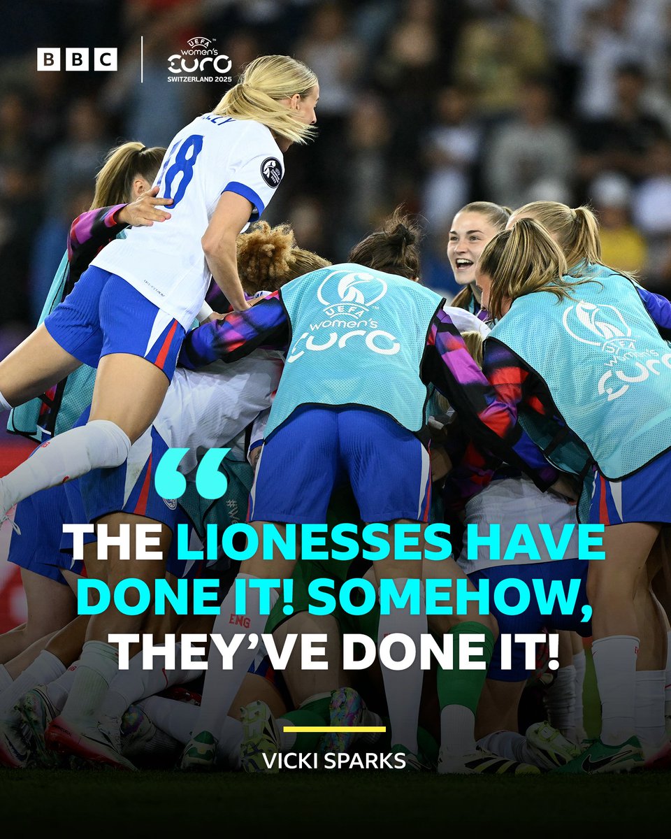 5liveSport's tweet photo. 🦁 THE LIONESSES ARE THROUGH 🦁

🤯 England win a crazy penalty shootout 3-2! 

And breathe... 😅

#BBCFootball #SWEENG #WEURO2025 https://t.co/YCDEON4W0v