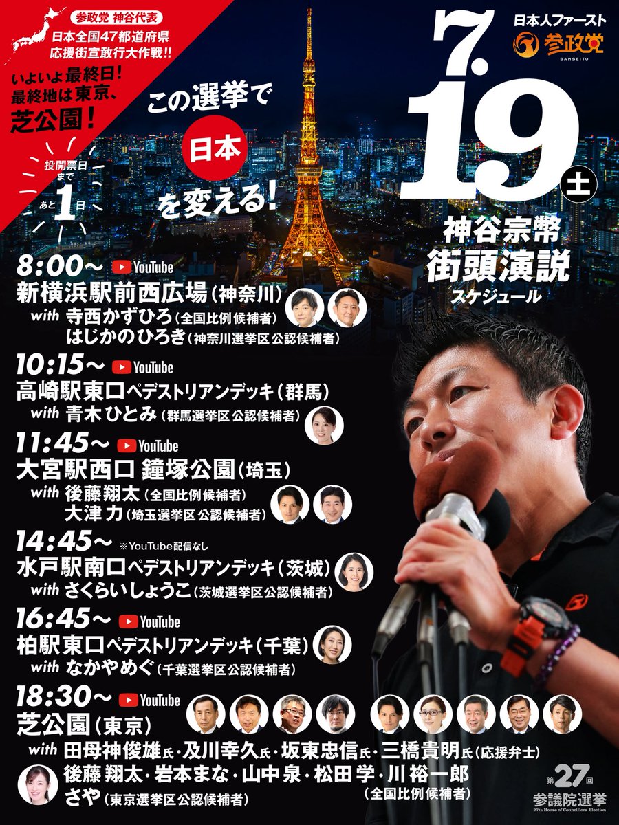 重点選挙区の9名がしのぎを削ってくれています。残すところあと2日。

最終日は私も関東6県で演説します。

本部ではネット広告による支援をやっているので、クラウドファングに協力いただければ嬉しいです。

congrant.com/project/sansei…