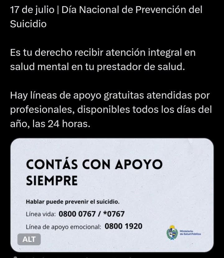 SUBRAYANDOO's tweet image. 17 de julio Día Nacional de la Prevención del suicidio.
Linea de prevención del suicidio.

Llamadas de prevención
08000767 / cel *0767

Linea de apoyo emocional.
0800 1920