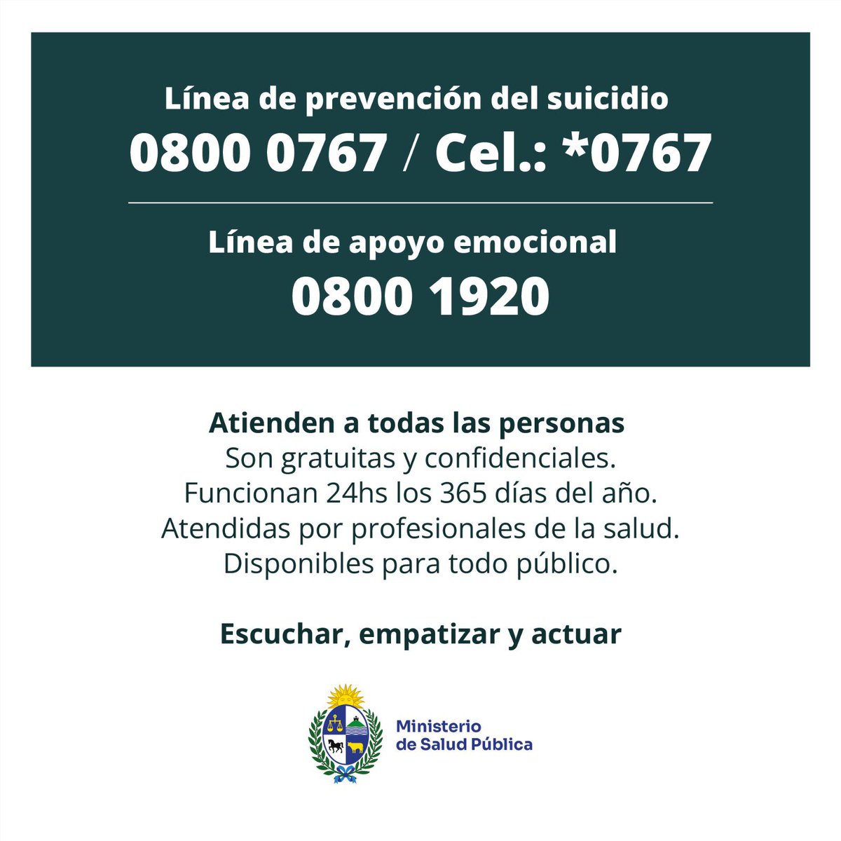 17 de julio Día Nacional de la Prevención del suicidio.
Linea de prevención del suicidio.

Llamadas de prevención
08000767 / cel *0767

Linea de apoyo emocional.
0800 1920