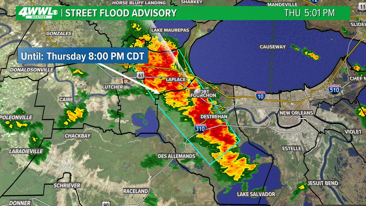 wwltvweather's tweet image. A Street Flood Advisory has been issued for parts of St. Charles, St. John The Baptist until 7/17 8:00PM. Street flooding is possible in these areas. Don't drive through flooded roads. #BeOn4