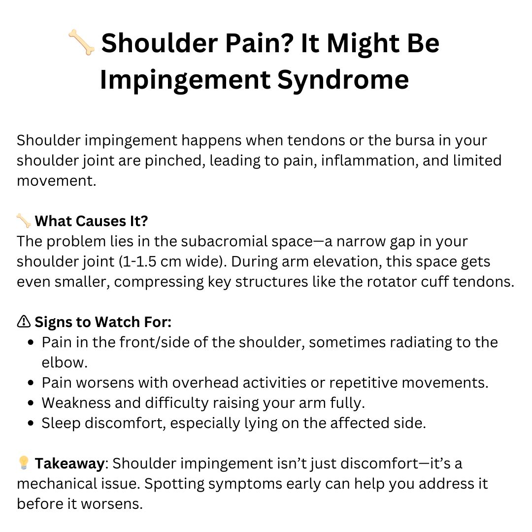 Impingement happens when tendons are squeezed during arm lifts. The space narrows, friction builds, and pain sets in. Fixing mechanics early is key to avoiding chronic issues.