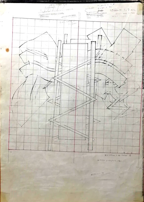 1980年(藝大4年時) B4(コピーされた)コピー用紙 に鉛筆、赤ボールペン
◉先日ポストした作品の大作のための、パネル設計図です。 