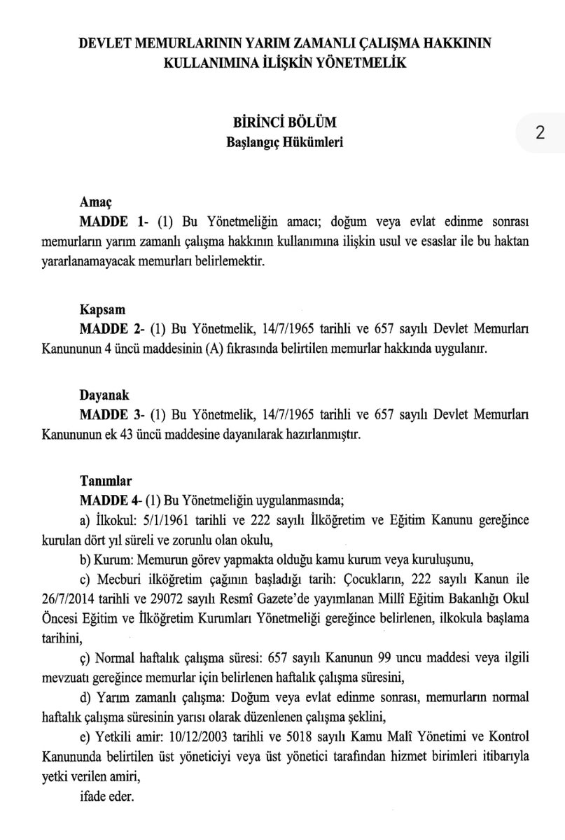 ‼️"Devlet Memurlarının Yarım Zamanlı Çalışma Hakkının Kullanımına İlişkin Yönetmelik" Yayınlandı.

👉Yönetmelikte, 657 sayılı Devlet Memurları Kanununda düzenlenen çocuğu bulunan ya da evlat edinen ANNE VE BABALARIN  normal mesai saatlerinin yarısı olan haftalık 20 saat çalışma
