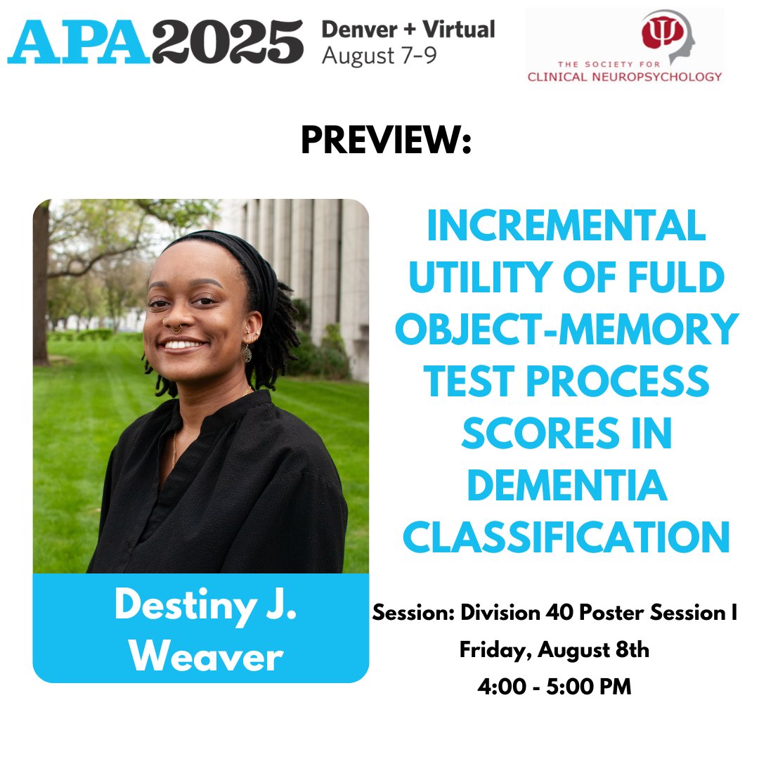 APADivision40's tweet image. 🚨 #APA2025 Poster! Learn about the utility of the Fuld Object Memory Test process scores in dementia classification 🎯 Don't miss out on these findings!
