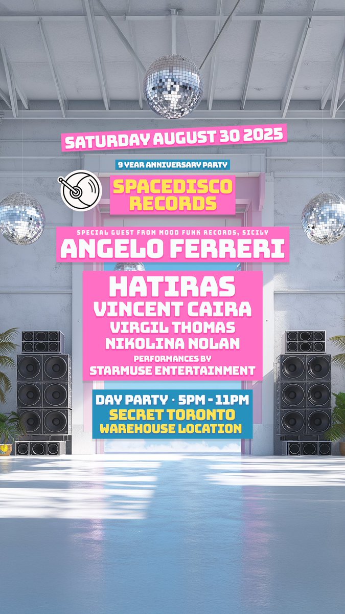 Hatiras (@hatiras) on Twitter photo LINEUP ANNOUNCEMENT! Sat Aug 30 <a href="/spacediscorecs/">Spacedisco Records</a> Anniversary Secret Warehouse party!!
<a href="/AngeloFerreri1/">Angelo Ferreri</a> from Italy! Plus <a href="/hatiras/">Hatiras</a> <a href="/vincent_caira/">vincent caira</a> Virgil Thomas + Nikolina Nolan + performances by Starmuse Entertainment and massive sound by Alien Influx!
tickettailor.com/events/spacedi… LINEUP ANNOUNCEMENT! Sat Aug 30 <a href="/spacediscorecs/">Spacedisco Records</a> Anniversary Secret Warehouse party!!
<a href="/AngeloFerreri1/">Angelo Ferreri</a> from Italy! Plus <a href="/hatiras/">Hatiras</a> <a href="/vincent_caira/">vincent caira</a> Virgil Thomas + Nikolina Nolan + performances by Starmuse Entertainment and massive sound by Alien Influx!
tickettailor.com/events/spacedi…