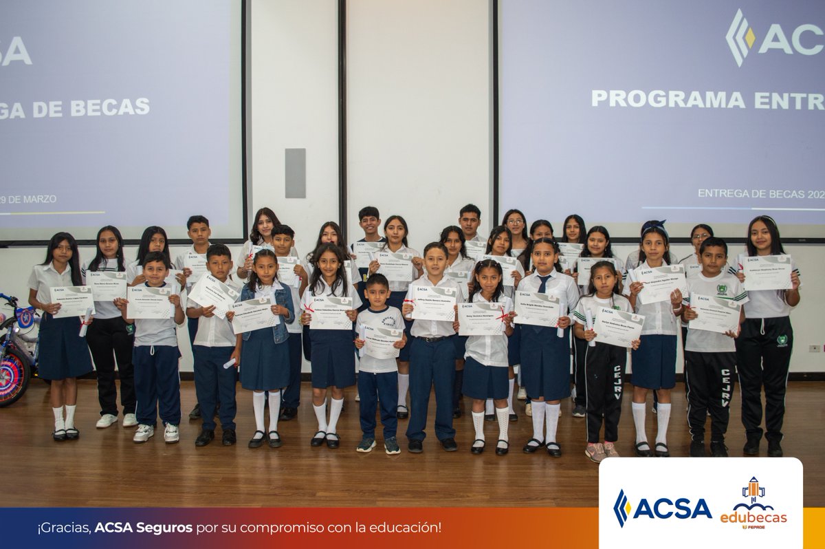 Gracias, Aseguradora ACSA, por otorgar 30 becas este año y sumar más de 421 becas a lo largo de los años. Su compromiso sigue transformando vidas en la educación de muchas niñas, niños y jóvenes. 📚