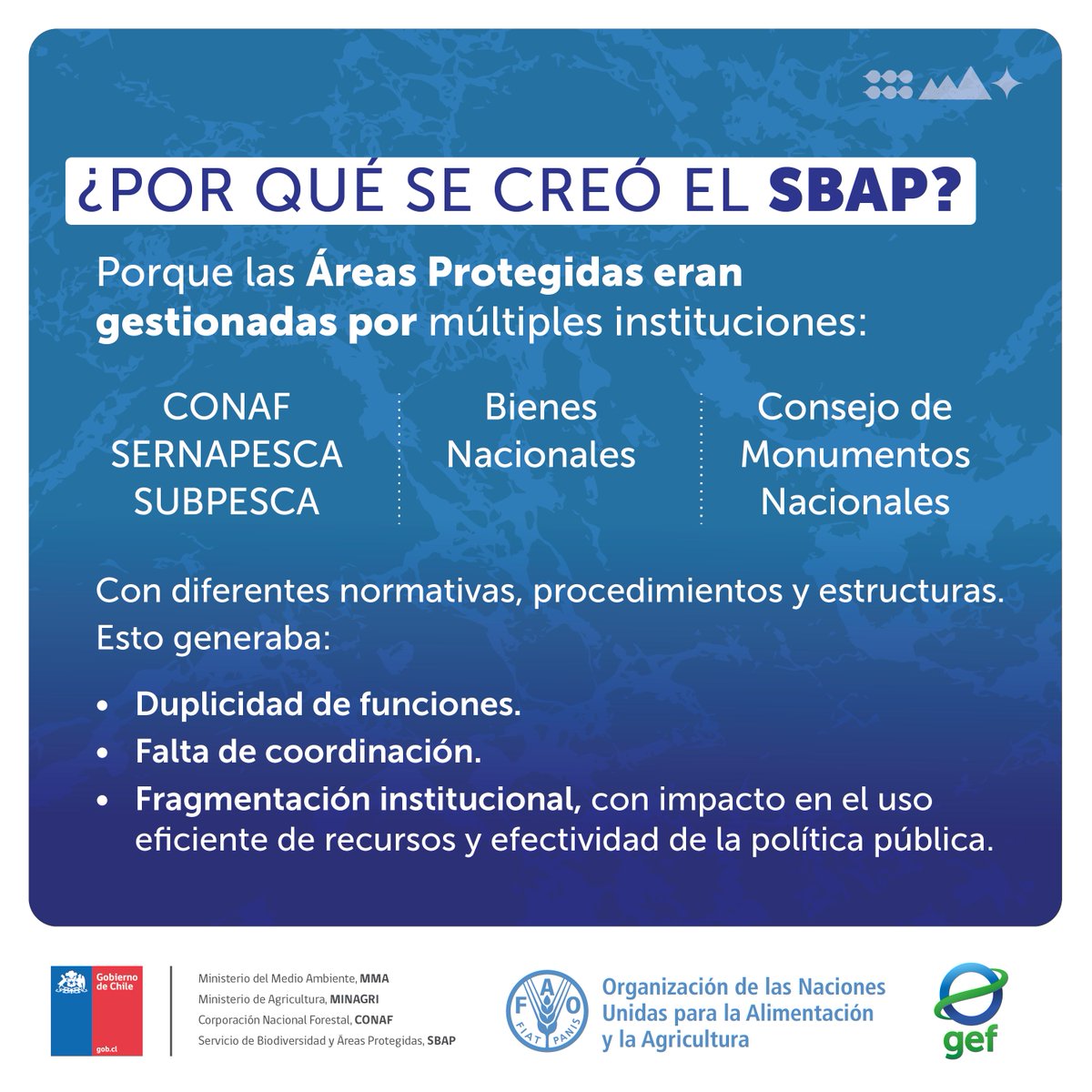 🌳 Conoce algunas de las razones que llevaron a la creación del #SBAP, proyecto de ley que estuvo en tramitación por más de 10 años.

Hoy junto al Proyecto #GEFSBAP del <a href="/MMAChile/">Ministerio del Medio Ambiente</a> estamos apoyando su instalación, contando con un gran compromiso transversal 🤝 

<a href="/theGEF/">Global Environment Facility (GEF)</a>
