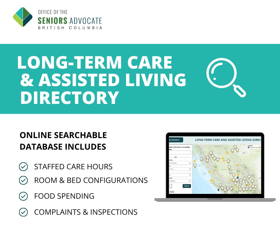 Looking for trustworthy information on long-term care or assisted living?
OSA offers a searchable online directory, featuring up-to-date, standardized information on 431 publicly-subsidized facilities.

Explore here: seniorsadvocatebc.ca/quickfacts/loc…
#LTC  #SeniorsCare #AssistedLiving