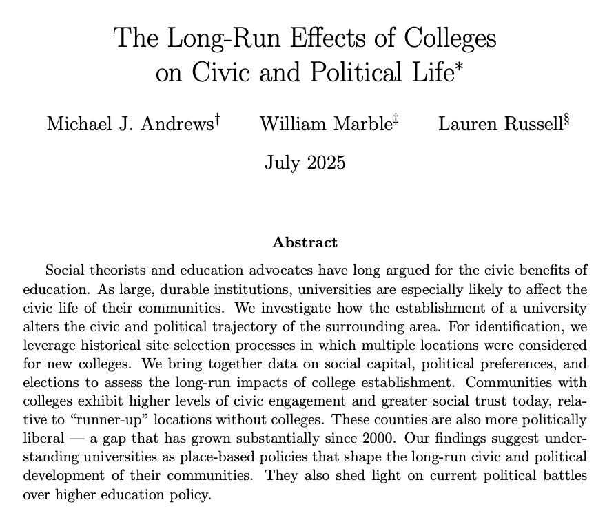 Will Marble (@wpmarble) on Twitter photo Universities often serve as "anchor institutions" that deeply affect the character of their communities. In a new paper, we (<a href="/MikeJAndrews44/">Mike Andrews</a> / Lauren Russell) ask how (and when) the establishment of a college influences local political and civic life. 🧵
osf.io/preprints/soca… Universities often serve as "anchor institutions" that deeply affect the character of their communities. In a new paper, we (<a href="/MikeJAndrews44/">Mike Andrews</a> / Lauren Russell) ask how (and when) the establishment of a college influences local political and civic life. 🧵
osf.io/preprints/soca…