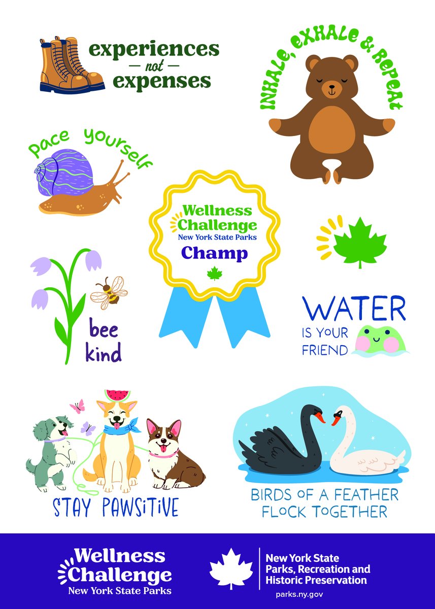 NYstateparks's tweet image. Wellness Challenge stickers are here and earning them is a walk in the park (literally). Featuring nine adorable designs, you can get these limited edition stickers by completing 25 Wellness Challenge activities. Learn more about the challenge: loom.ly/rZyQ8Us