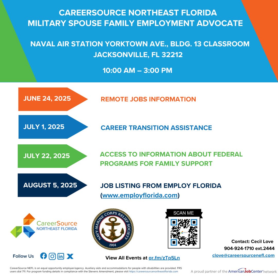 CareerSource NEFL (@careersourcenef) on Twitter photo Join the CareerSource NEFL Military Spouse Family Employment Advocate for a chat at the NAS Jacksonville. Different topics and multiples dates. All Military Spouses are welcome.
Check flyer or view all events at qr.fm/zTp5Ln
<a href="/Jacksonville/">City of Jacksonville</a> @NASJaxMWR <a href="/BlueStarFamily/">Blue Star Families šŗšø</a> Join the CareerSource NEFL Military Spouse Family Employment Advocate for a chat at the NAS Jacksonville. Different topics and multiples dates. All Military Spouses are welcome.
Check flyer or view all events at qr.fm/zTp5Ln
<a href="/Jacksonville/">City of Jacksonville</a> @NASJaxMWR <a href="/BlueStarFamily/">Blue Star Families šŗšø</a>