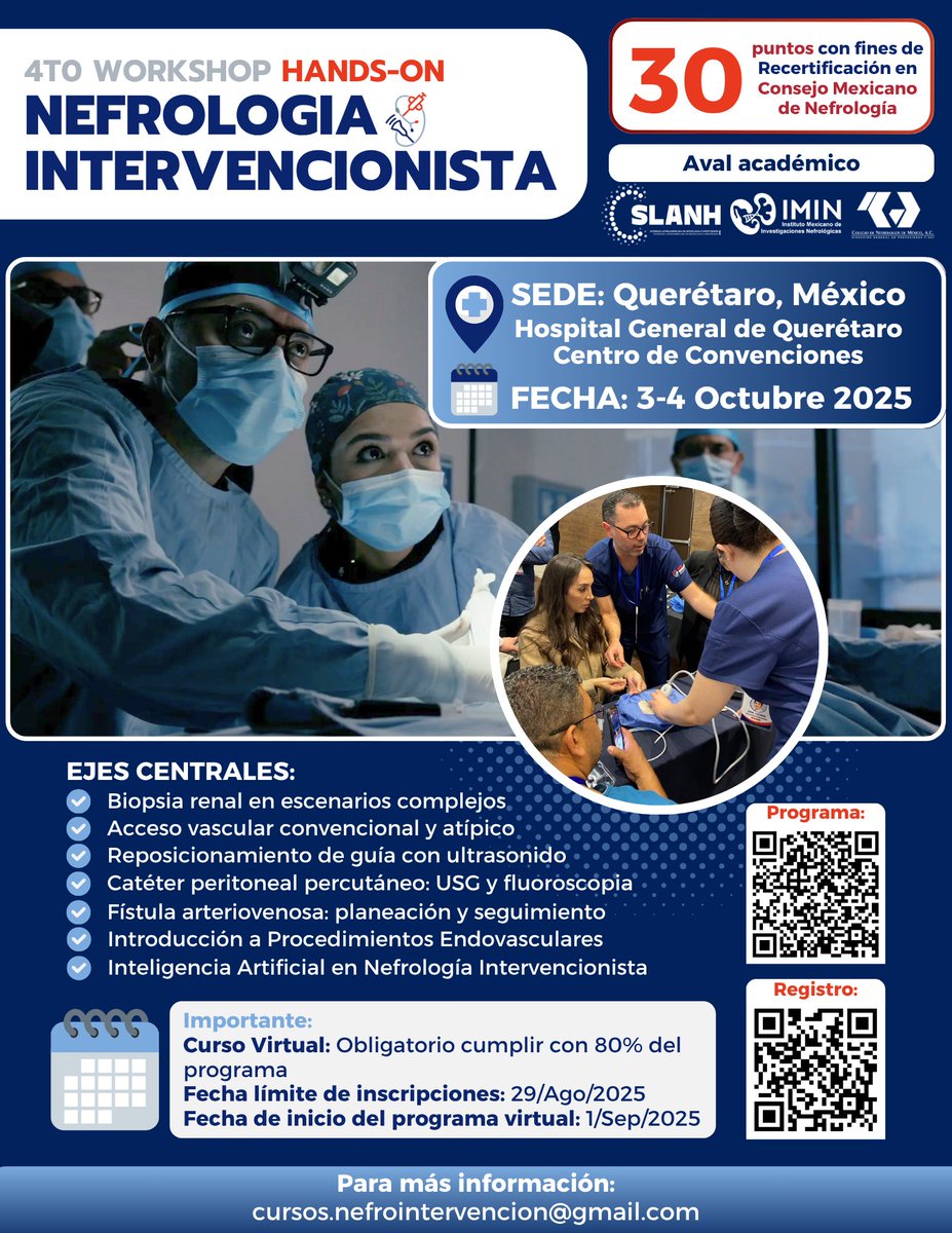 Nefrología Intervencionista - México (@intervennephmx) on Twitter photo 🔵 ¡Querétaro será sede del mejor entrenamiento en #Nefrointervención!
🗓 1-2 Oct 2025: Curso de Accesos Vasculares para Enfermería
🗓 3-4 Oct 2025: 4to Workshop Hands-On
🎓 30 pts CMN | Aval: SLANH, IMIN, CMN
📩 cursos.nefrointervencion@gmail.com
📲 ¡Regístrate hoy! 🔵 ¡Querétaro será sede del mejor entrenamiento en #Nefrointervención!
🗓 1-2 Oct 2025: Curso de Accesos Vasculares para Enfermería
🗓 3-4 Oct 2025: 4to Workshop Hands-On
🎓 30 pts CMN | Aval: SLANH, IMIN, CMN
📩 cursos.nefrointervencion@gmail.com
📲 ¡Regístrate hoy!