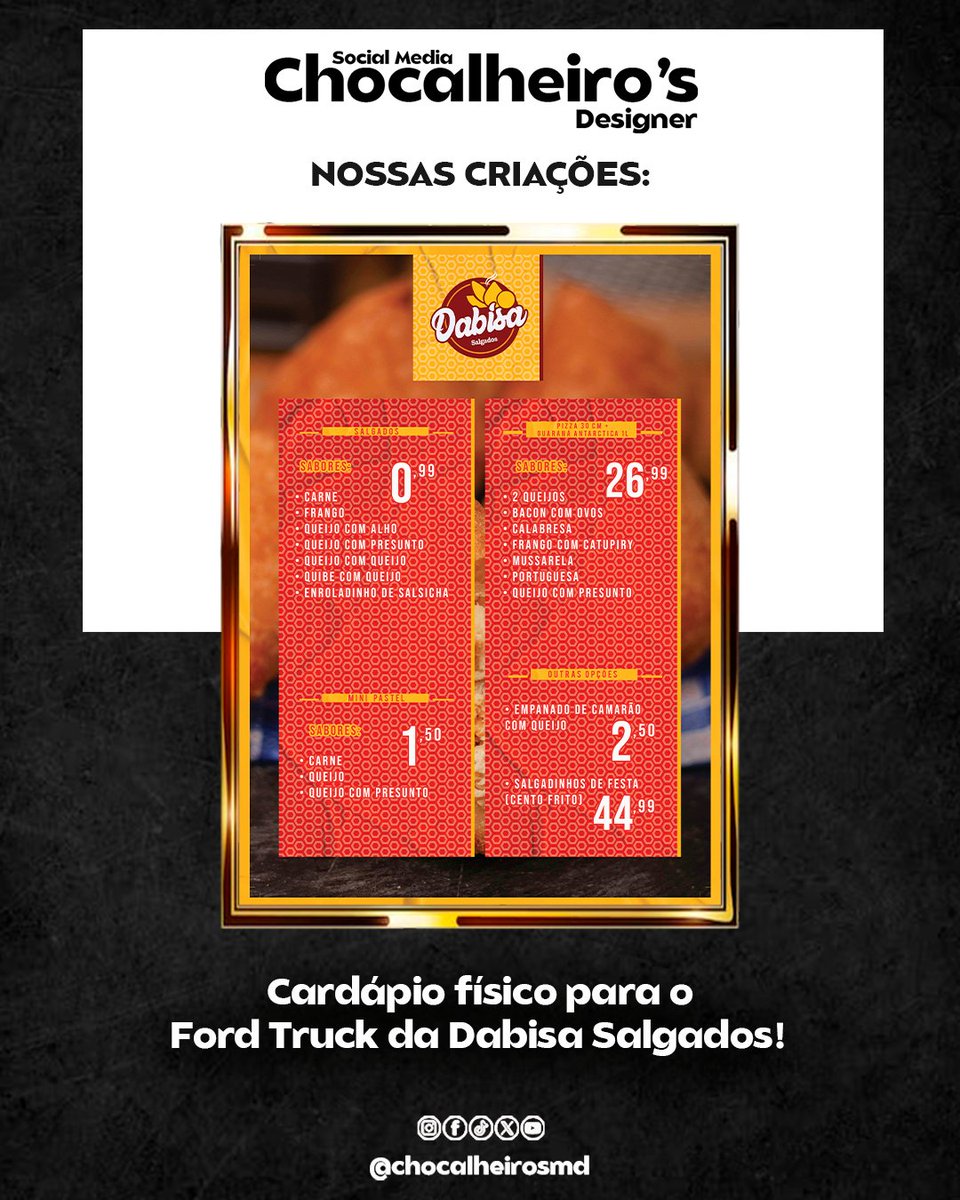 chocalheirosmd's tweet photo. TRABALHOS! 🤤😋

a Dabisa Salgados, pediu um Cardápio físico para colocar em um dos seus Pontos, para melhor atender os clientes que chegam para se deliciar com suas coxinhas! 

#socialmedia #chocalheirosdesigner #trabalhos #nossaarte #cardápio #cardápiofísico #dabisasalgados https://t.co/WIOE8sAX6K