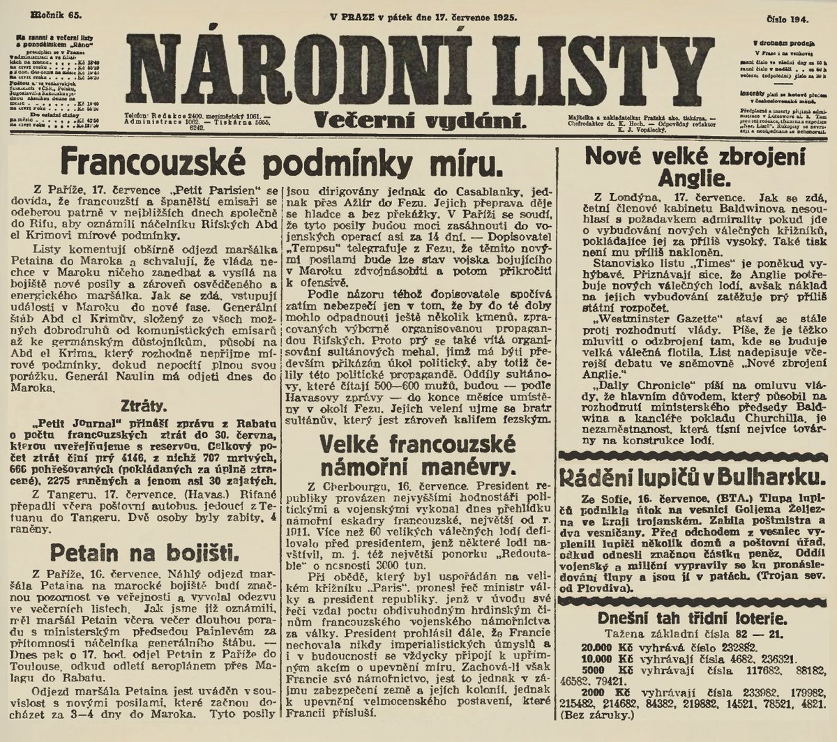 Národní Listy; večerní vydání; 17.7.1925
#CeskeListyHistoricke #Valka #Historie #Pred100lety