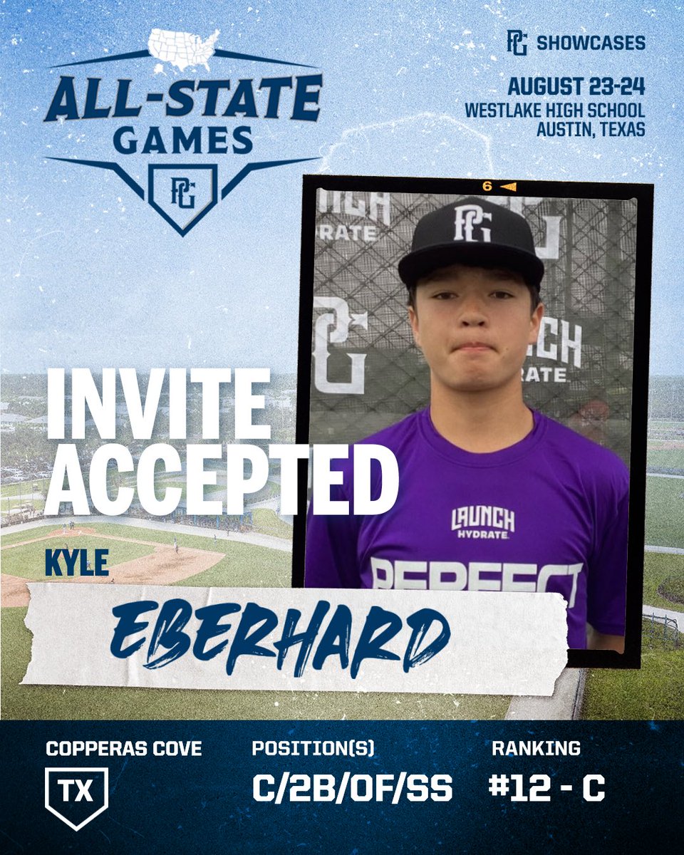🚨INVITE ACCEPTED🚨
Kyle Eberhard (TX) is state ranked #12 and has accepted his invitation to head to the 2025 PG Texas All-State Games in Austin, TX! 🔥

<a href="/PGShowcases/">PG Showcases</a> <a href="/PerfectGameUSA/">Perfect Game USA</a>