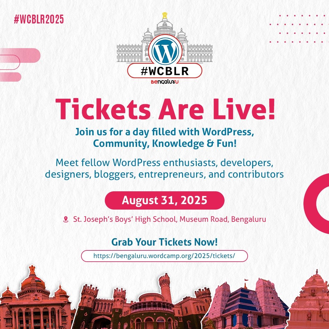 Prem Tiwari - Speaking at #WCKolhapur 2025 (@thepremtiwari) on Twitter photo ๐ Itโs happening! #WordCampBengalu2025 tickets are officially LIVE! ๐
Join us for a day packed with WordPress talks, networking, swag, and community fun! Donโt wait too longโtickets usually sell out fast! ๐๏ธ
๐ Grab yours now: bengaluru.wordcamp.org/2025/tickets/
#WCBLR #WordPress ๐ Itโs happening! #WordCampBengalu2025 tickets are officially LIVE! ๐
Join us for a day packed with WordPress talks, networking, swag, and community fun! Donโt wait too longโtickets usually sell out fast! ๐๏ธ
๐ Grab yours now: bengaluru.wordcamp.org/2025/tickets/
#WCBLR #WordPress